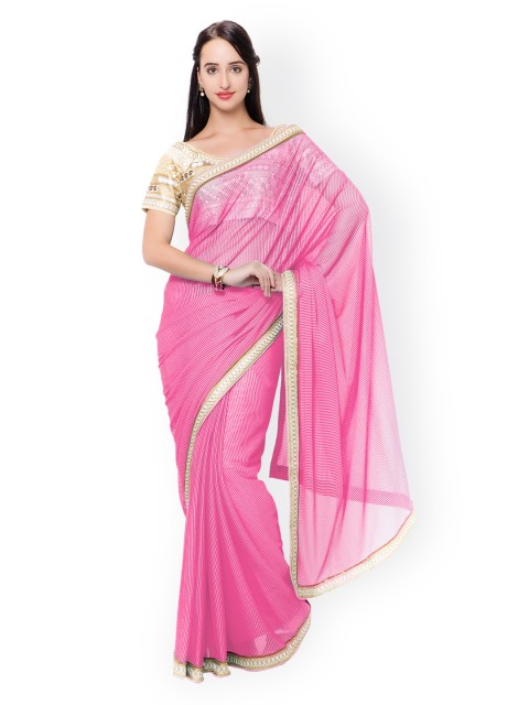 

Triveni Pink Self-Striped Saree