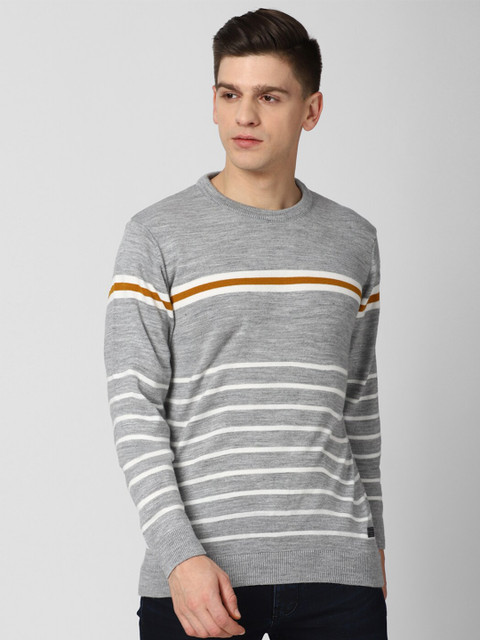 

Peter England Casuals Men Grey & White Striped Pure Acrylic Pullover Sweater