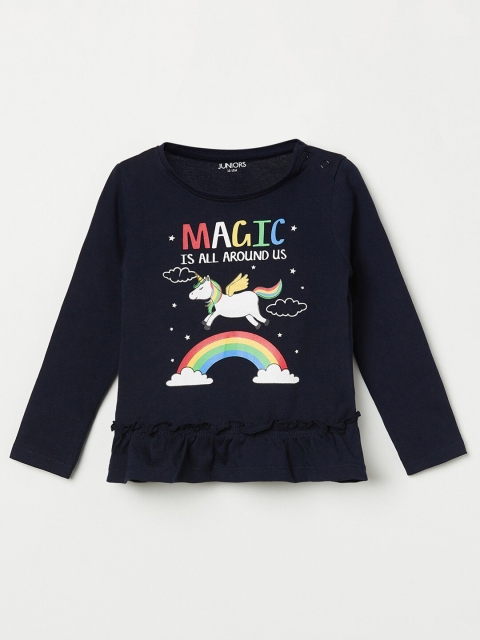 

Juniors Girls Navy Blue & Multicoloured Printed Round Neck Regular Top