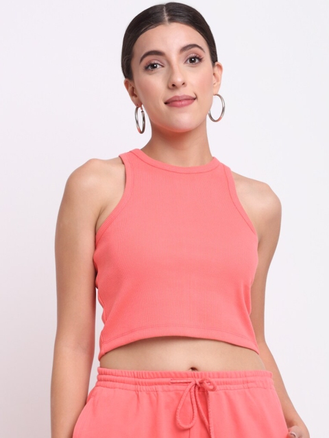 

THE UKKIYO LIFE Women Coral Solid Fitted Crop Top