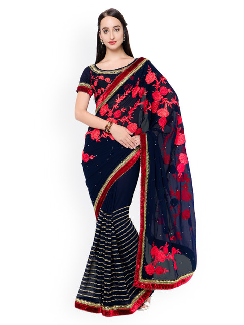 

Triveni Navy Embroidered Poly Georgette Embellished Saree, Navy blue