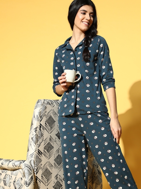 

Clovia Women Tranquil Teal Conversational Printed Night Suit