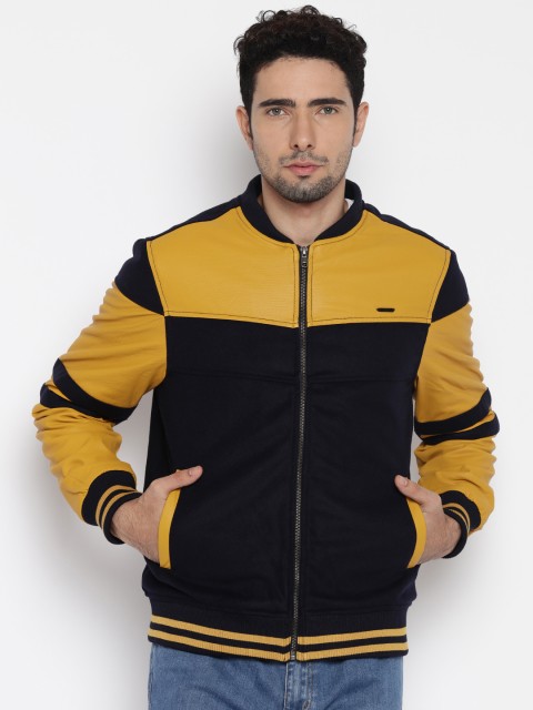 

Flying Machine Mustard Yellow & Black Colourblocked Biker Jacket