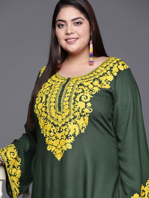 

EXTRA LOVE BY LIBAS Women Plus Size Green & Yellow Floral Embroidered Straight Kurta