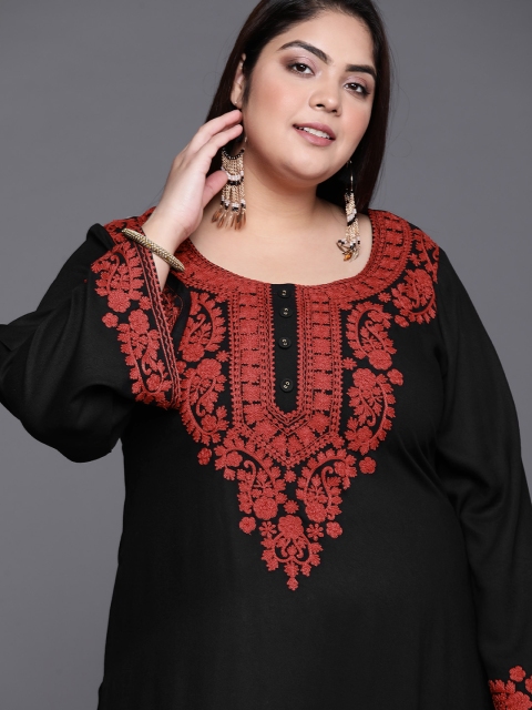 

EXTRA LOVE BY LIBAS Women Plus Size Black & Red Floral Embroidered Straight Kurta