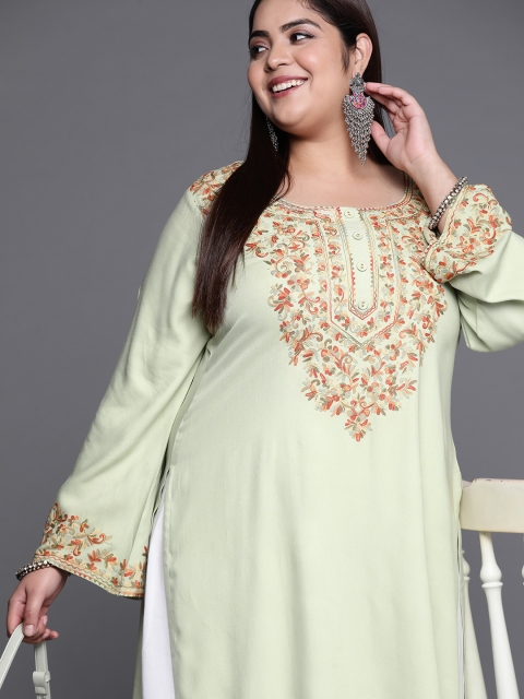 

EXTRA LOVE BY LIBAS Women Plus Size Mint Green Floral Embroidered Flared Sleeves Straight Kurta