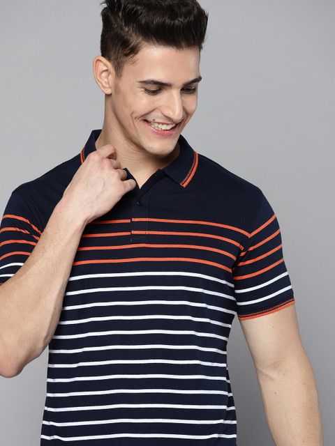 

Mast & Harbour Men Navy Blue & White Striped Polo Collar T-shirt