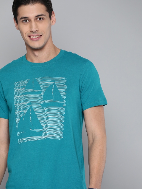 

Mast & Harbour Men Teal & White Printed Pure Cotton T-shirt