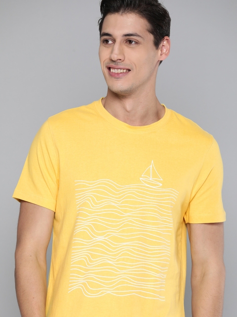 

Mast & Harbour Men Yellow & White Printed Pure Cotton T-shirt