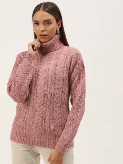 

BROOWL Women Pink Woollen Cable Knit Pullover