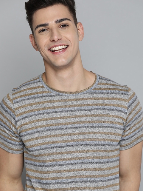 

Mast & Harbour Men Grey Melange & Brown Striped Pure Cotton T-shirt
