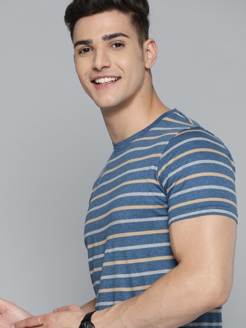 

Mast & Harbour Men Blue & Grey Striped Pure Cotton T-shirt