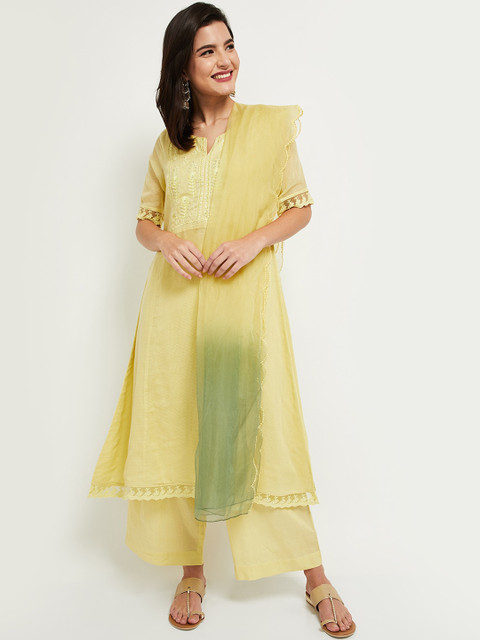 

max Women Lime Green Floral Embroidered Regular Pure Cotton Kurti with Salwar & With Dupatta