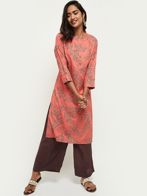 

max Women Peach-Coloured & Brown Floral Printed Regular Kurta With Trousers