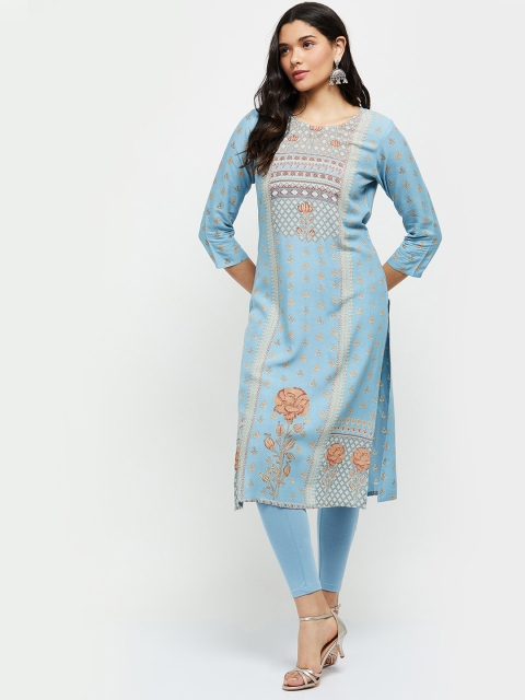

max Women Blue Floral Printed Regular Kurti with Trousers & With Dupatta