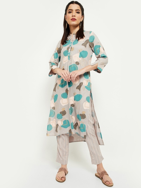 

max Women Grey Printed Regular Kurta with Trousers