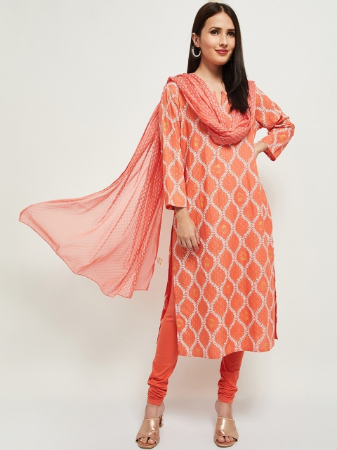 

max Women Coral Pink Ethnic Motifs Printed Empire Kurta with Churidar & Dupatta