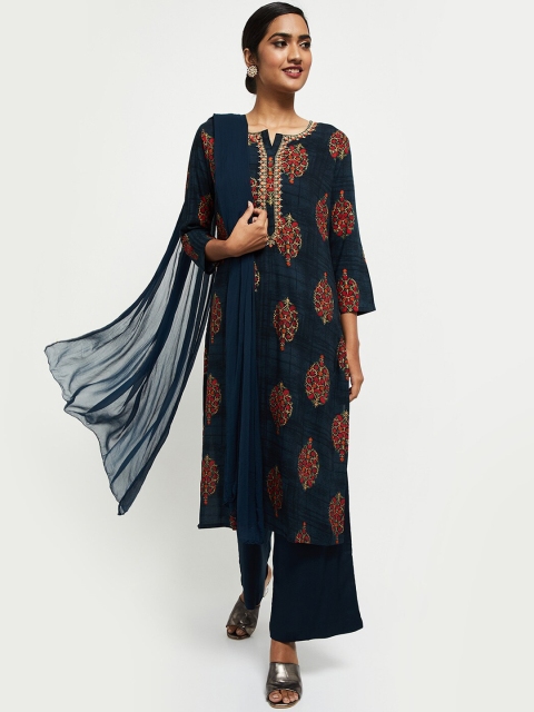 

max Women Navy Blue & Red Ethnic Motifs Printed Regular Kurta with Palazzos & Dupatta