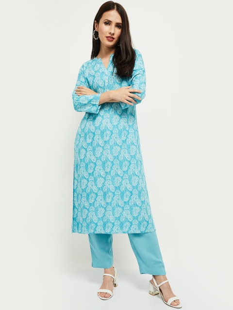 

max Women Blue Floral Printed Regular Kurta with Trousers