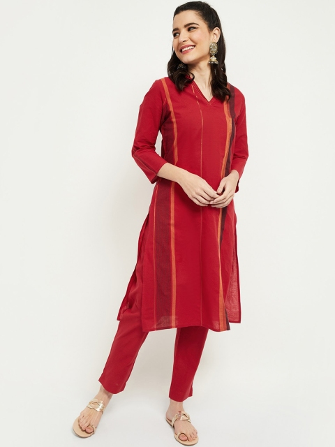

max Women Red Printed Panelled Pure Cotton Kurta with Trousers