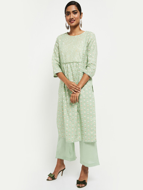 

max Women Green Ethnic Motifs Printed Regular Pure Cotton Kurti with Trousers & With Dupatta