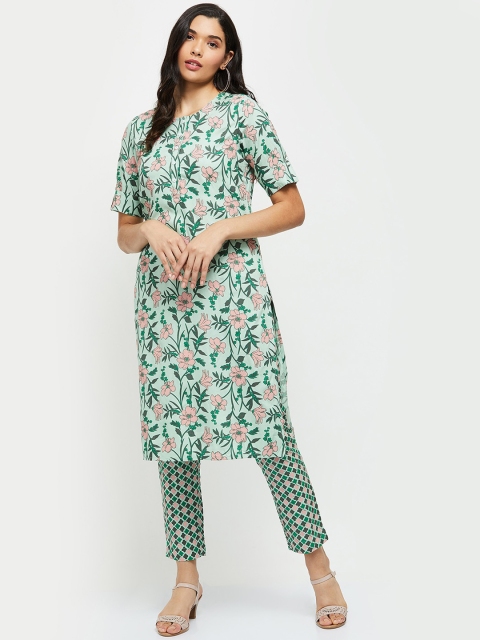 

max Women Green & Peach-Coloured Floral Printed Regular Kurta with Trousers