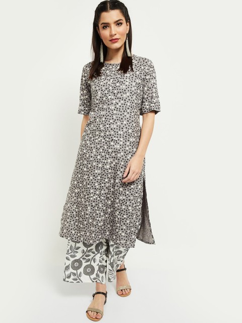 

max Women Charcoal Printed Regular Kurti with Trousers