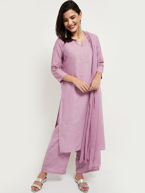 

max Women Purple Ethnic Motifs Embroidered Regular Thread Work Pure Cotton Kurta with Salwar & With Dupatta