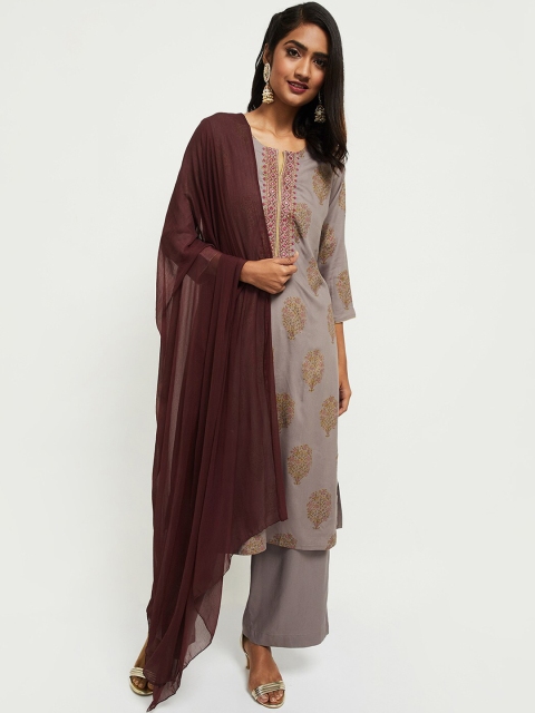 

max Women Grey Printed Regular Kurta with Salwar & With Dupatta
