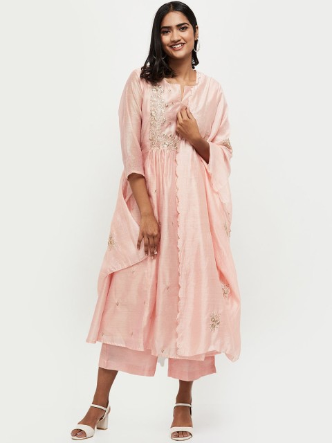 

max Women Peach-Coloured Ethnic Motifs Embroidered Empire Kurta with Trousers & Dupatta