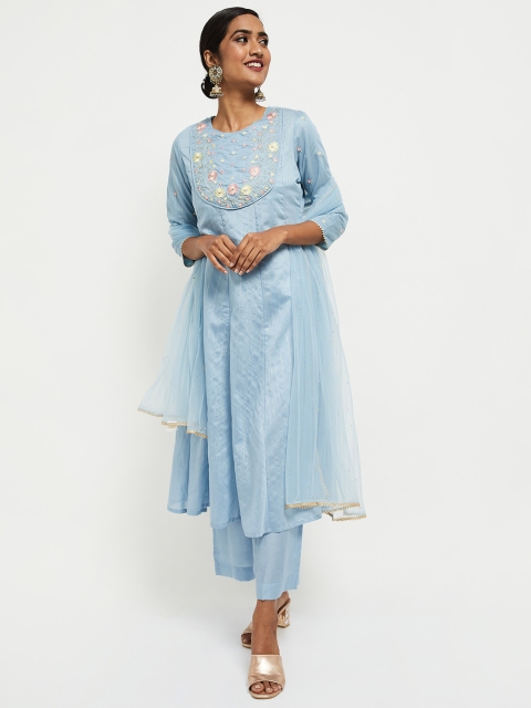 

max Women Blue Floral Embroidered Kurta with Trousers & Dupatta