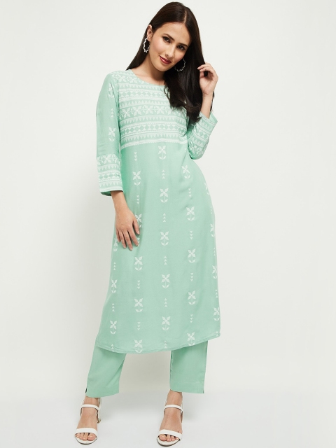 

max Women Sea Green & White Printed Kurta with Trousers