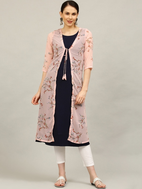 

ALC Creations Women Peach-Coloured & Black Floral Printed Crepe A-line Kurta