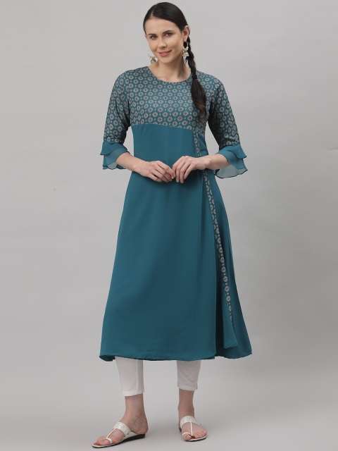 

ALC Creations Women Blue & Grey Geometric Yoke Design Crepe Kurta