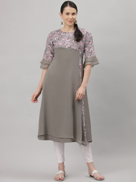 

ALC Creations Women Grey Geometric Yoke Design Flared Sleeves Thread Work Crepe Kurta