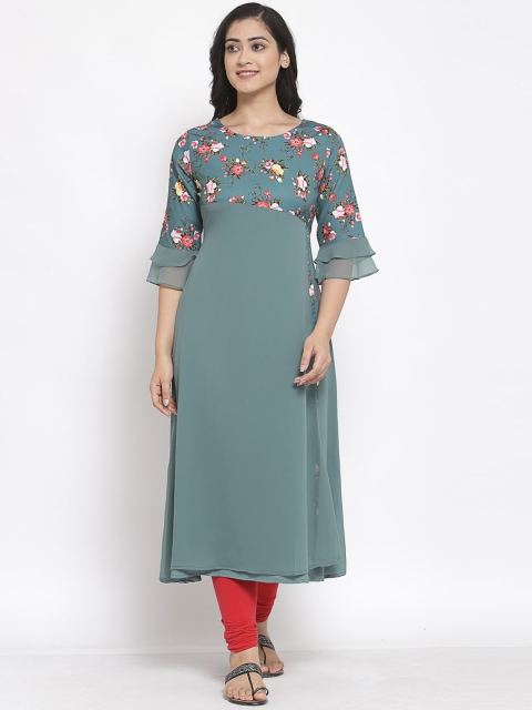 

ALC Creations Women Sea Green Floral Striped Flared Sleeves Thread Work Crepe Kurta