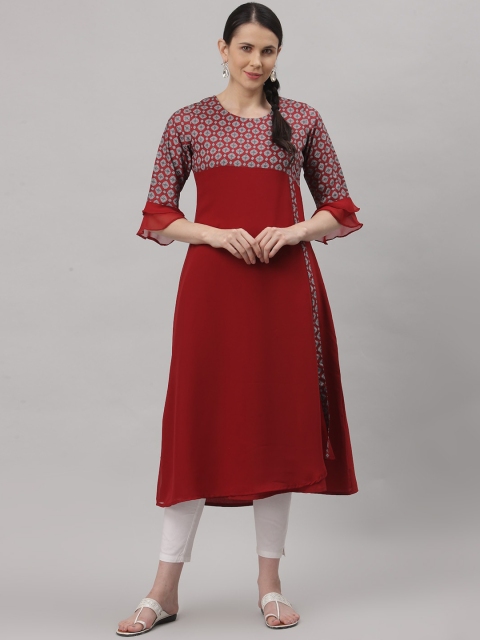

ALC Creations Women Maroon Geometric Flared Sleeves Kurta