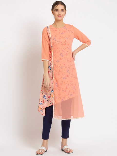 

ALC Creations Women Peach-Coloured & Red Floral Printed Layered Crepe A-line Kurta