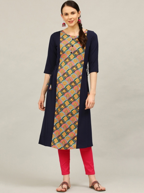

ALC Creations Women Navy Blue Floral Printed Crepe A-Line Kurta
