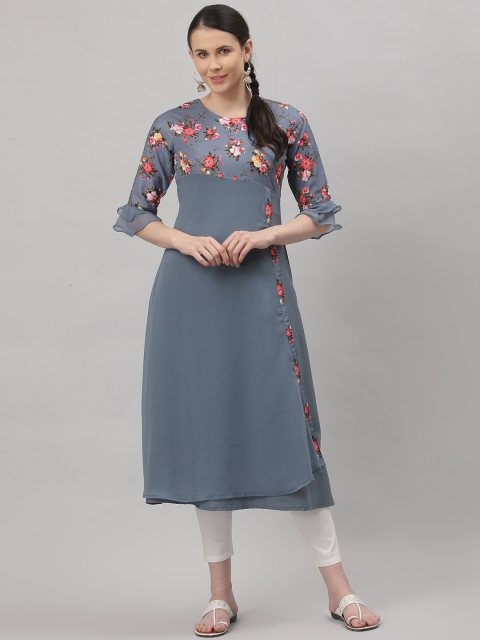 

ALC Creations Women Floral Yoke Design A-Line Kurta, Steel