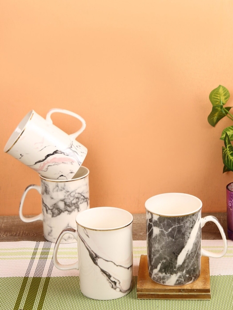 

House Of Accessories Set Of 4 White & Grey Printed Ceramic Glossy Mugs