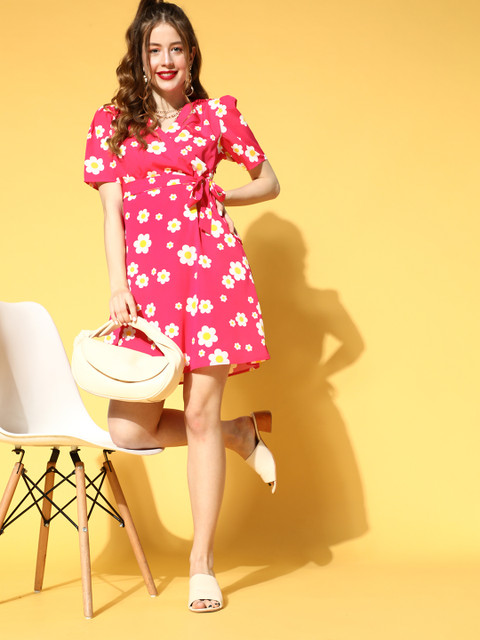 

DressBerry Women Pretty Pink Floral Wrap it Up Dress