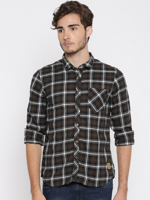 

Flying Machine Men Brown Checked Casual Shirt
