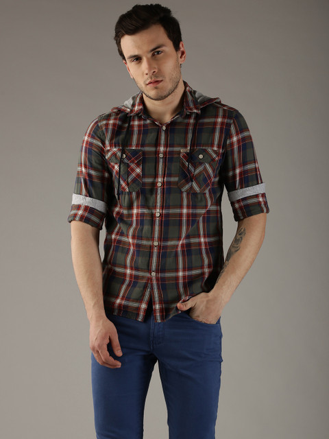 

Flying Machine Men Green Checked Casual Shirt with Hood