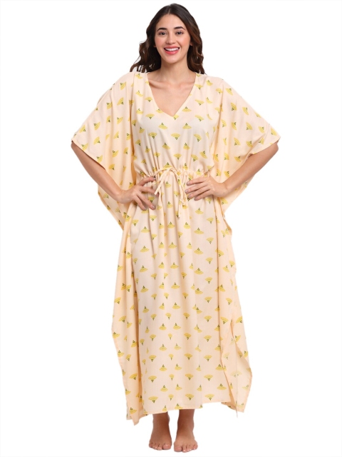 

Aujjessa Cream-Coloured & Yellow Floral V-neck Kaftan Maxi Dress