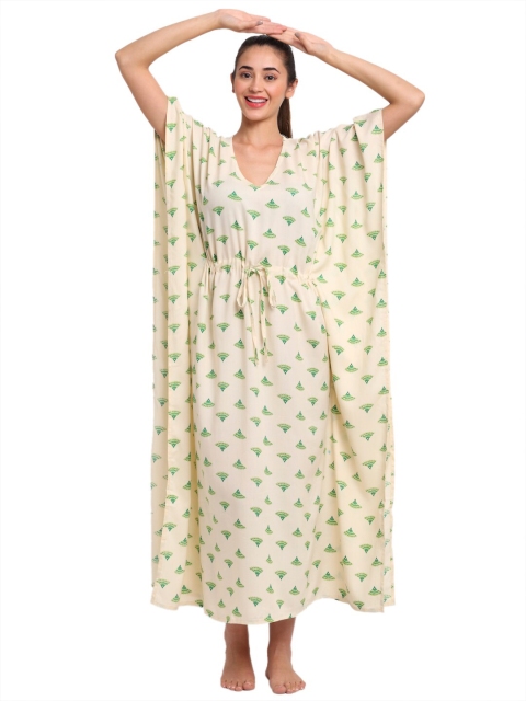 

Aujjessa Off White & Green Printed Maxi Kaftan Nightdress