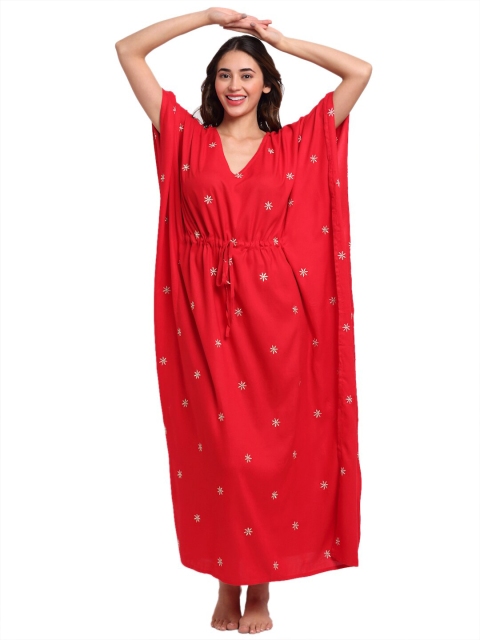 

Aujjessa Red Emboridered Kaftan Maxi Dress