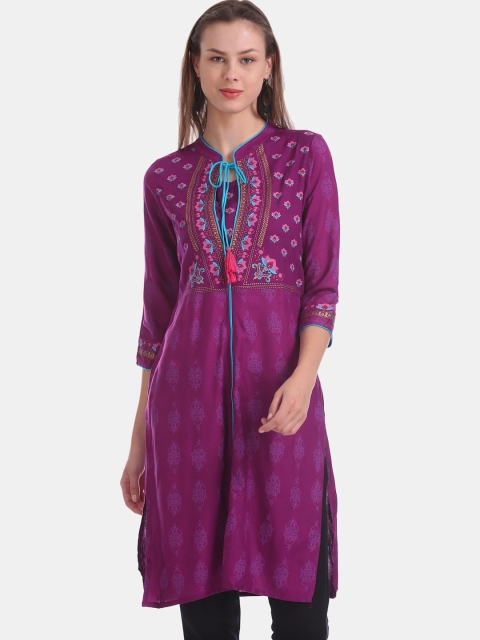 

Karigari Women Purple Floral Printed Straight Kurta