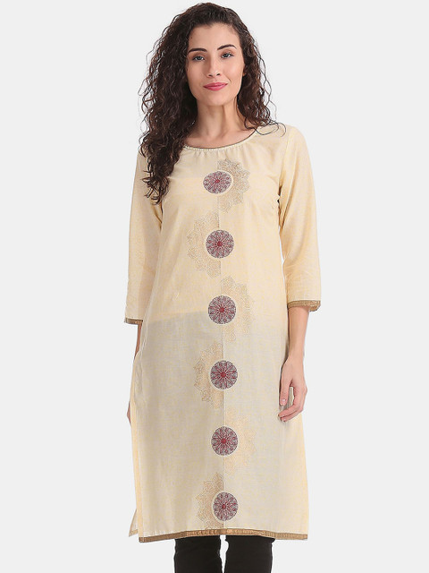 

Karigari Women Cream-Coloured Ethnic Motifs Printed Cotton Kurta