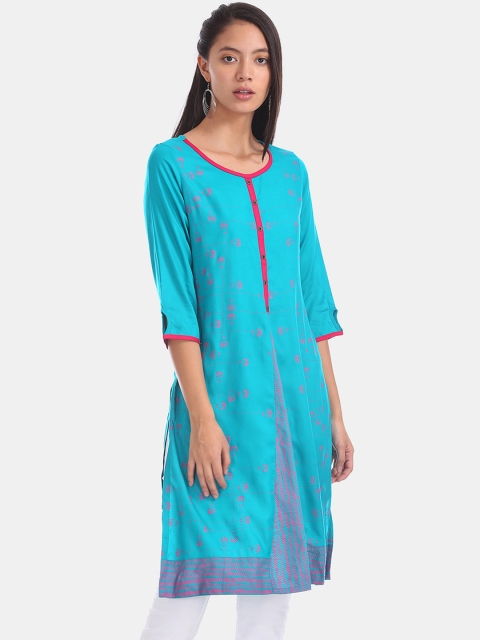 

Karigari Women Teal & Pink Printed Round Neck A-line Kurta